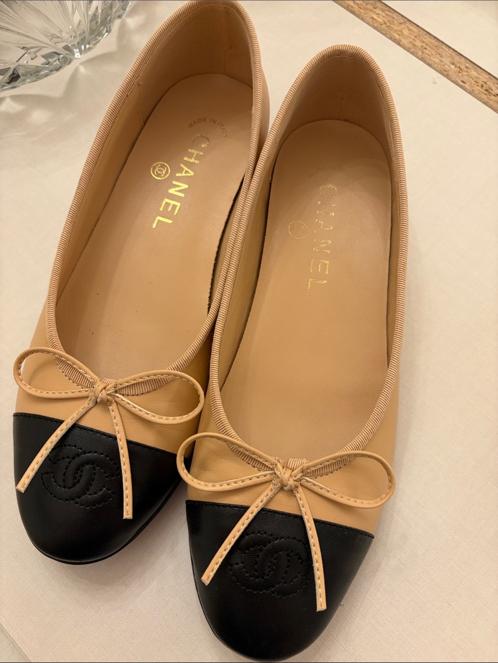 Beige and Black Leather Cap-Toe Ballet Flats